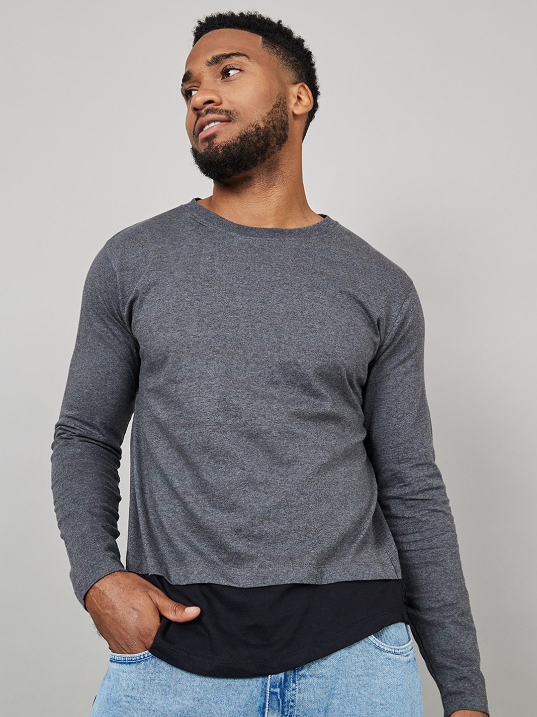 

Styli Grey Round Neck Long Sleeves Cotton T-shirt