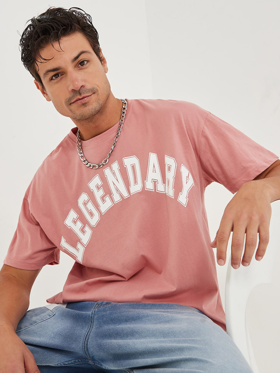 

Styli Peach Typography Printed Oversized Cotton T-shirt