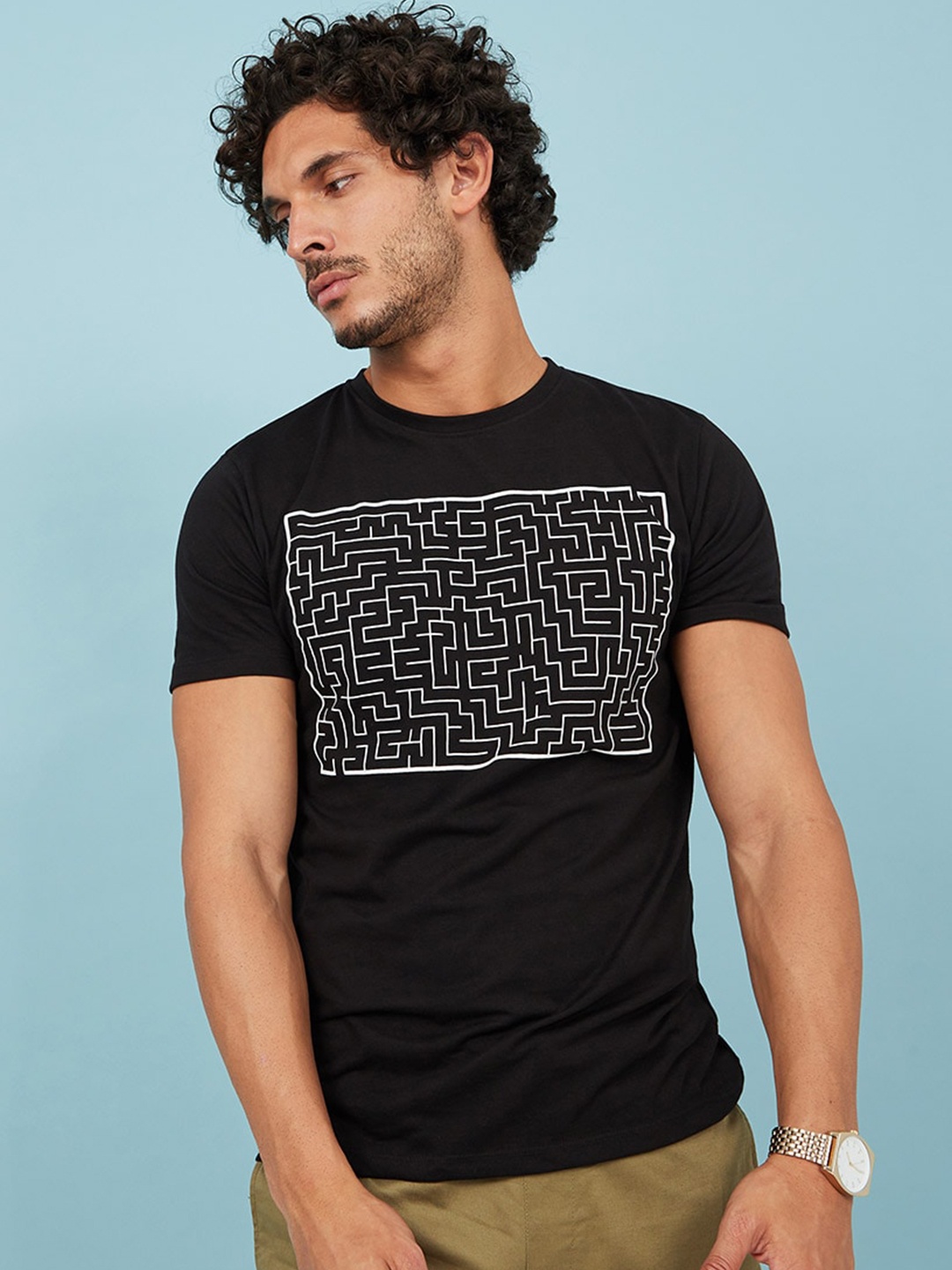 

Styli Graphic Cotton Maze Graphic Regular Fit T-Shirt, Black
