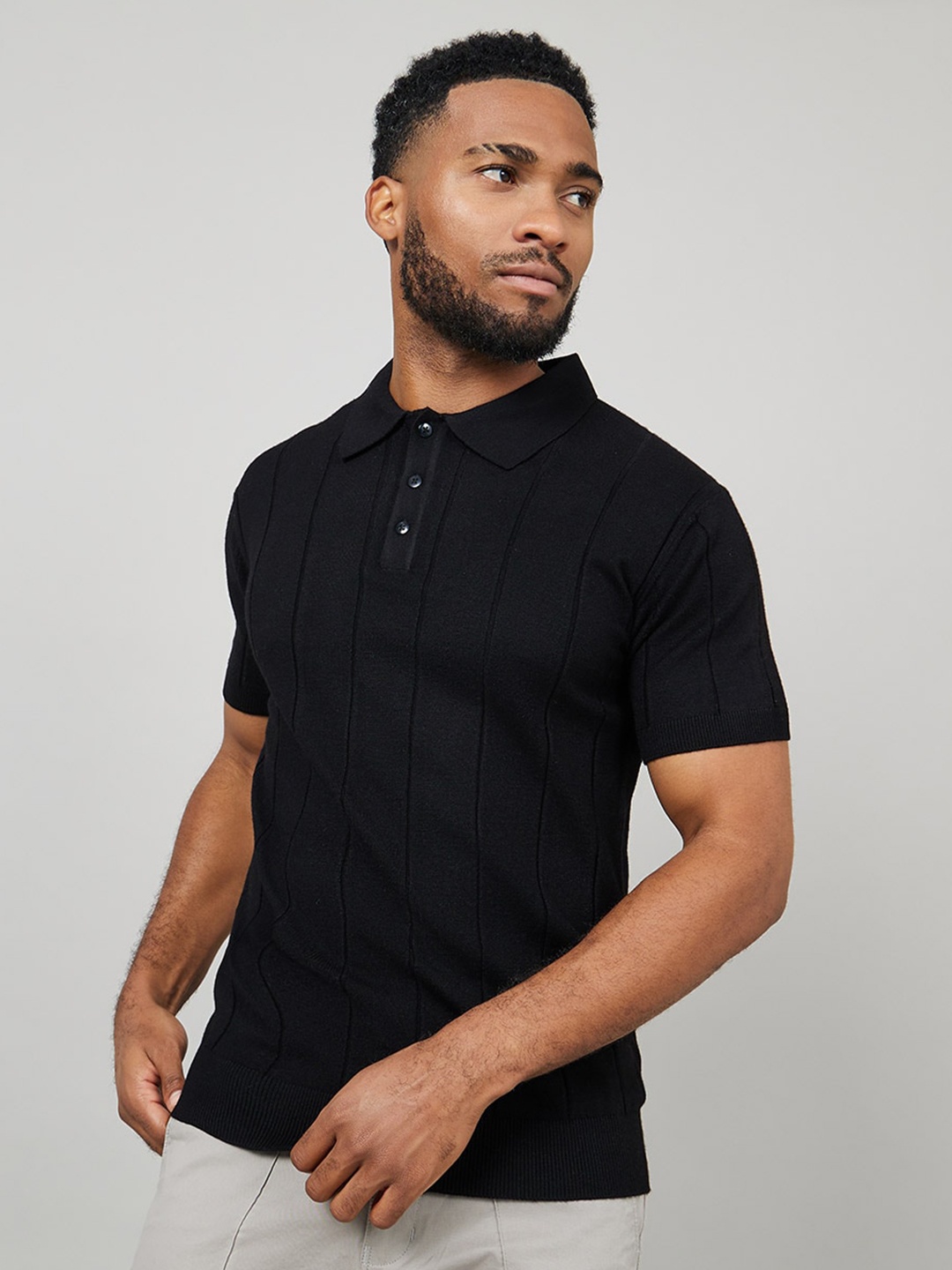 

Styli Self Striped Knitted Polo Collar T-shirt, Black