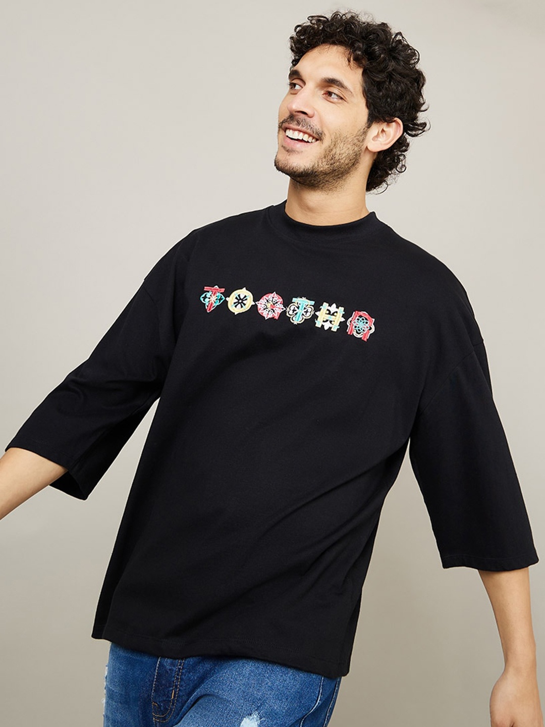 

Styli Embroidered 3/4th Sleeves Cotton Boxy T-shirt, Black