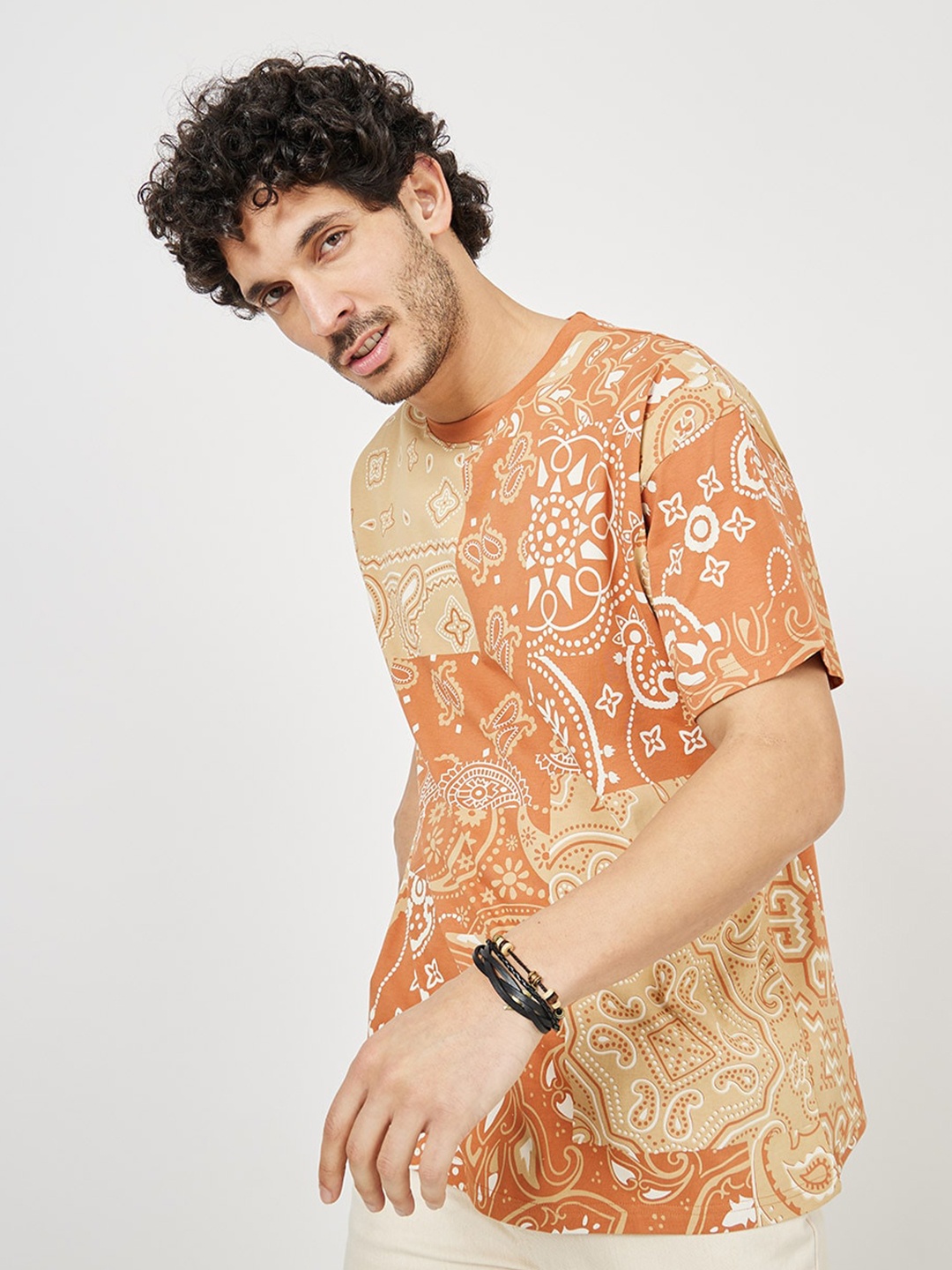 

Styli Orange Ethnic Motifs Printed Round Neck Cotton T-shirt
