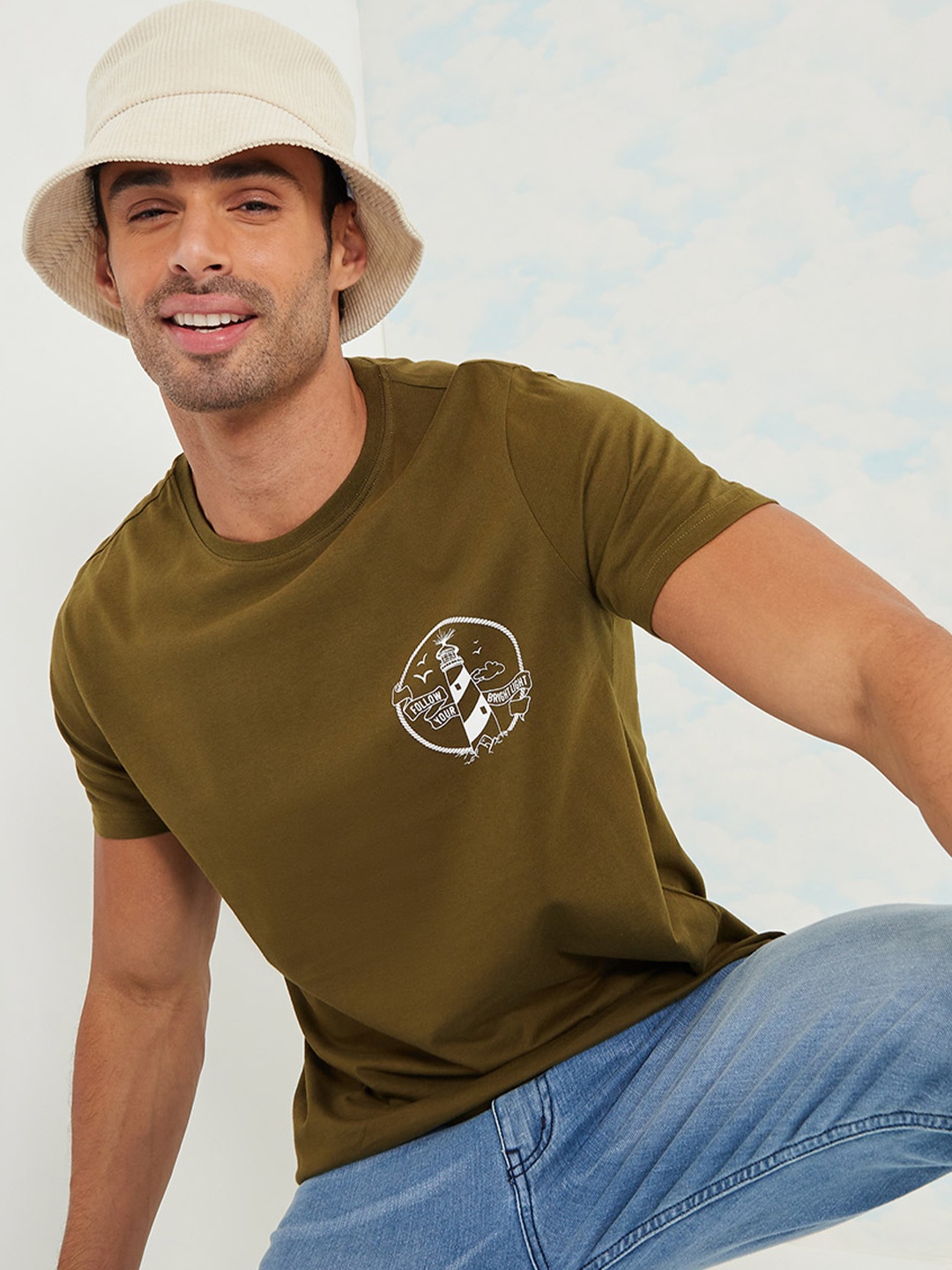 

Styli Lighthouse Graphic Print Cotton T-shirt, Olive