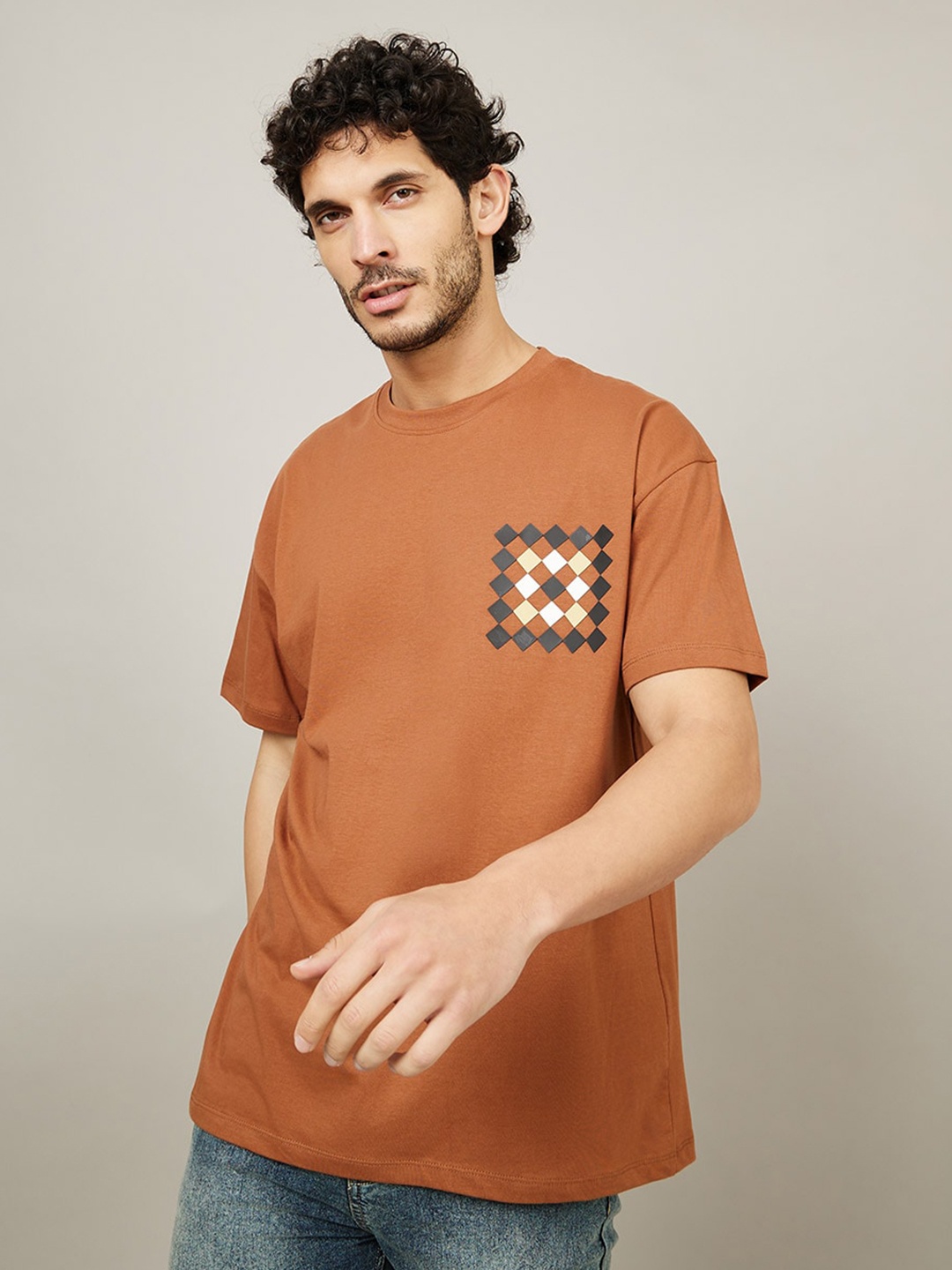 

Styli Placement Print Oversized T-shirt, Tan