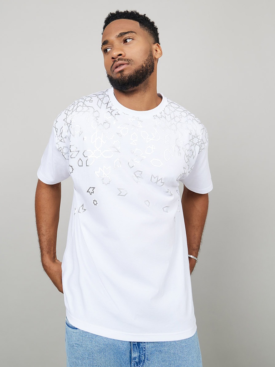 

Styli Geometric Foil Placement Print Oversized T-Shirt, White
