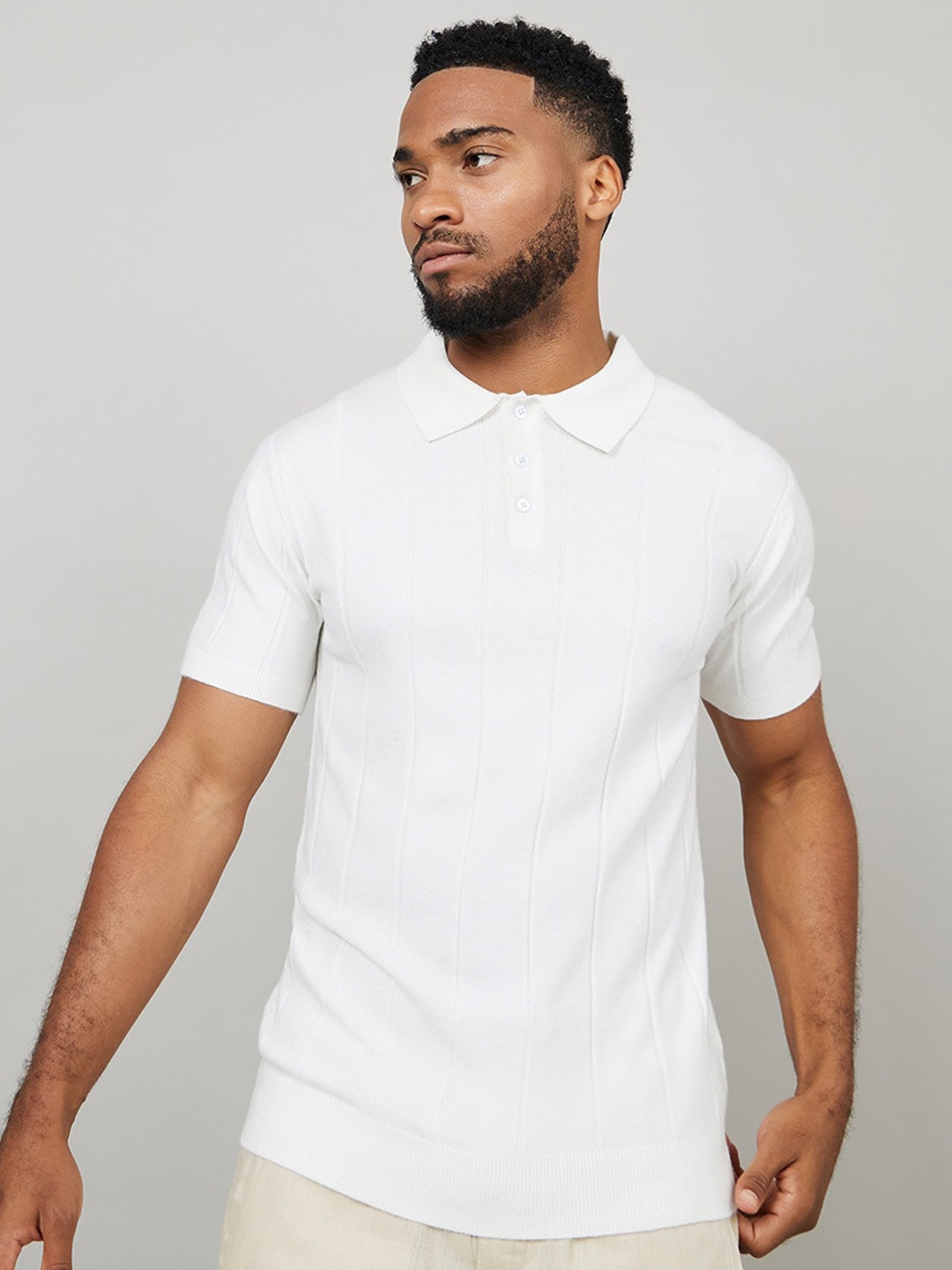 

Styli Texture Self Stripe Knitted Polo Collar T-shirt, White