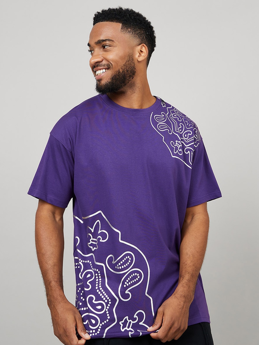 

Styli Paisley Foil Print Oversized Cotton T-shirt, Purple