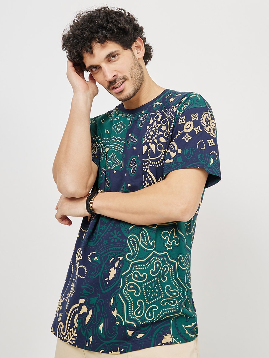 

Styli Bandana Paisley Printed Cotton Oversized T-shirt, Blue