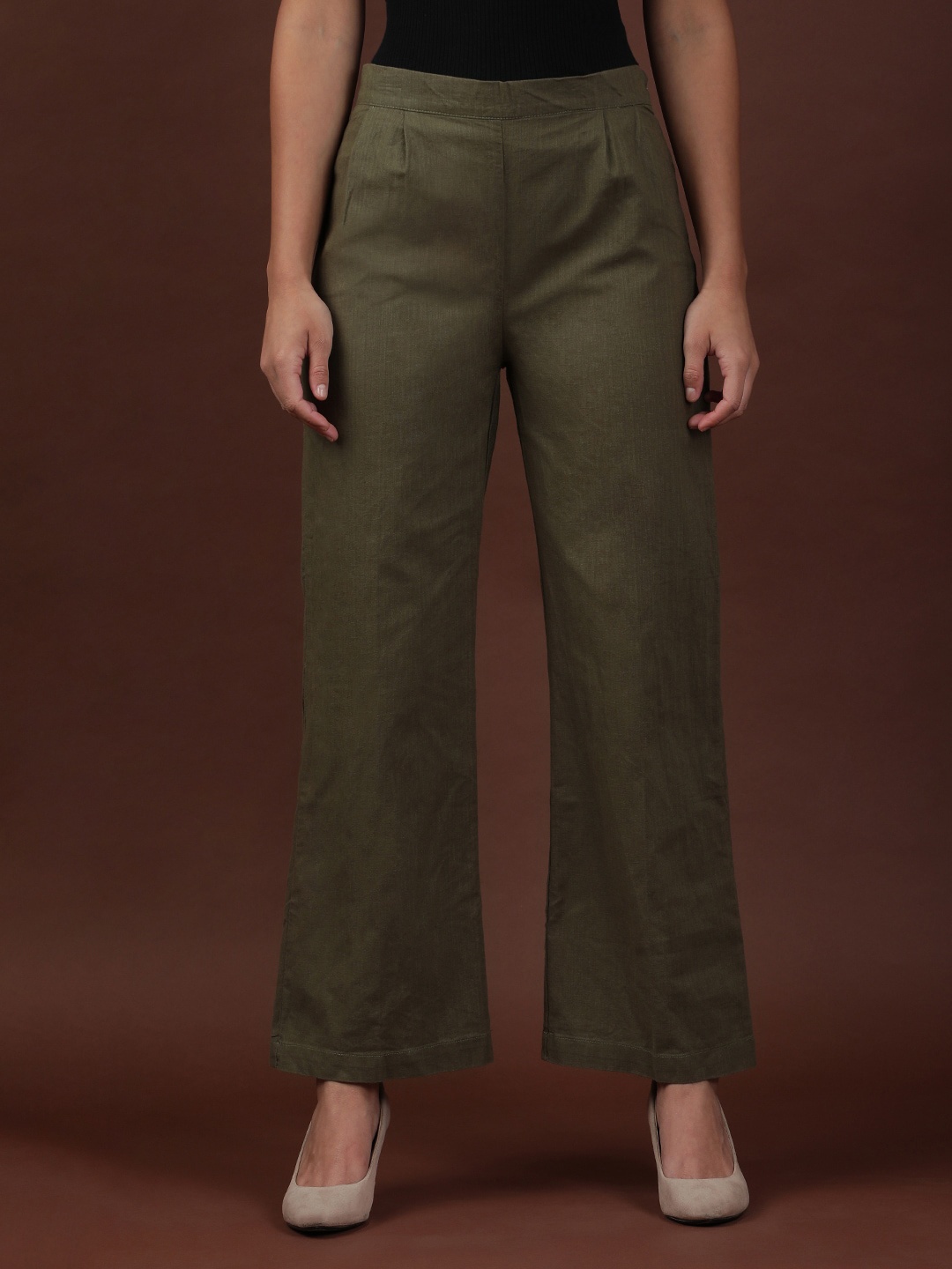 

Freehand by The Indian Garage Co Women Flared High-Rise Pure Cotton Pleated Trousers, Green