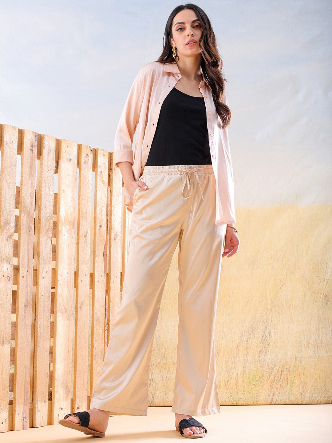 

Freehand by The Indian Garage Co Women Flared High-Rise Trousers, Beige