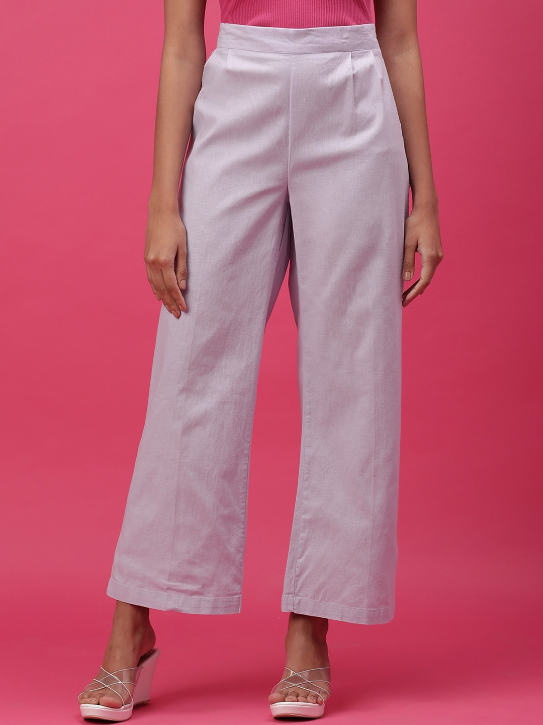 

Freehand by The Indian Garage Co Women Flared High-Rise Plain Pure Cotton Trousers, Pink