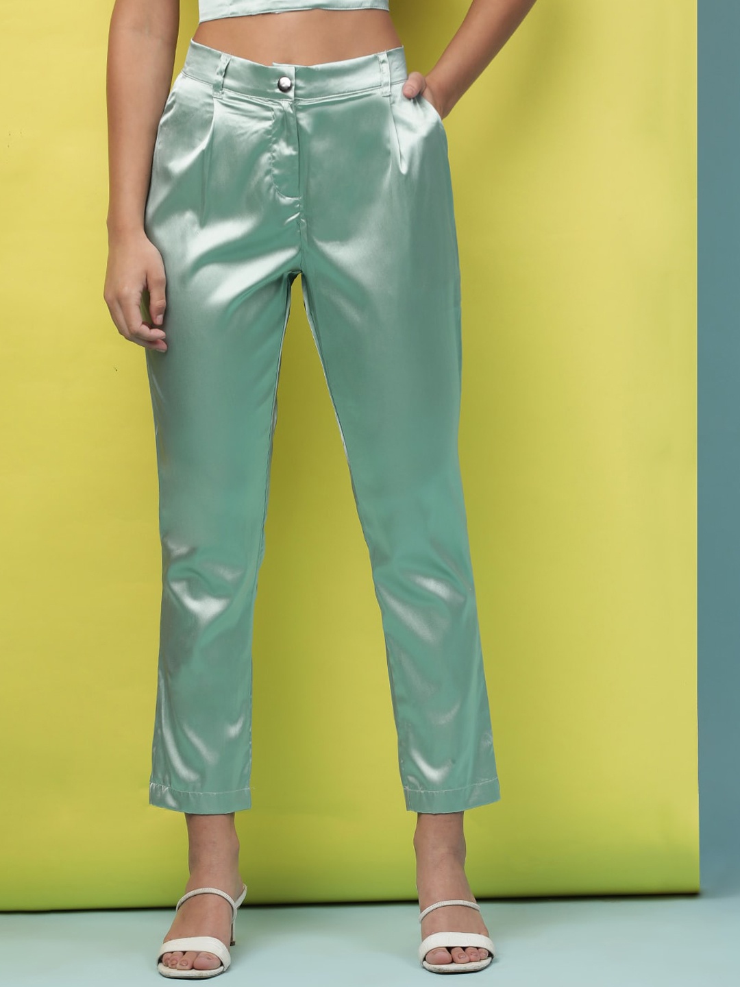 

Freehand by The Indian Garage Co Tapered Fit Pleated Cropped Trousers, Sea green