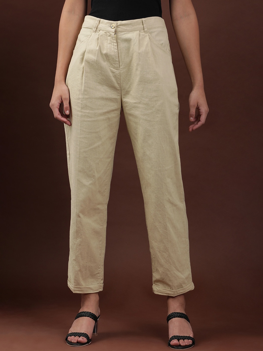 

Freehand by The Indian Garage Co Women Mid-Rise Cropped Peg Trousers, Brown