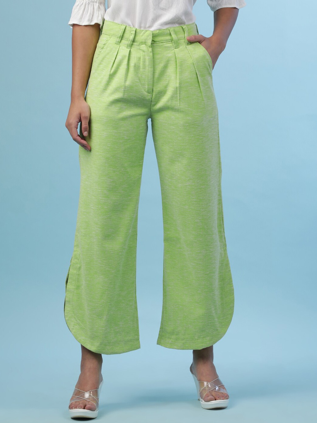 

Freehand by The Indian Garage Co Women Flared Pleated Trousers, Green