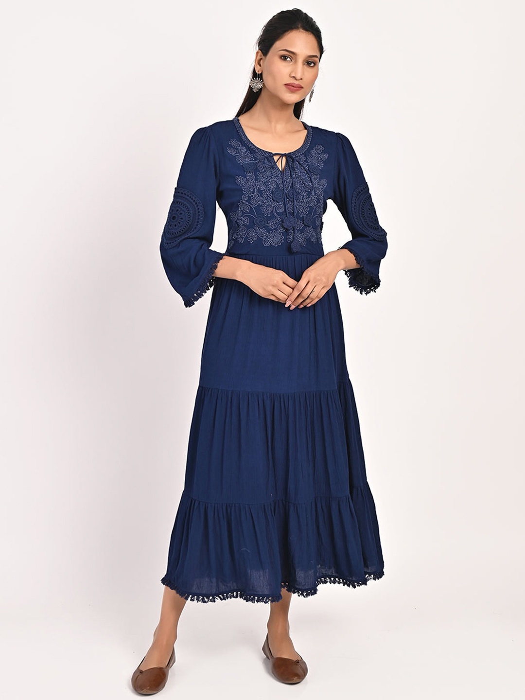 

Lakshita Ethnic Motif Embroidered Tiered Fit & Flare Maxi Dress, Navy blue