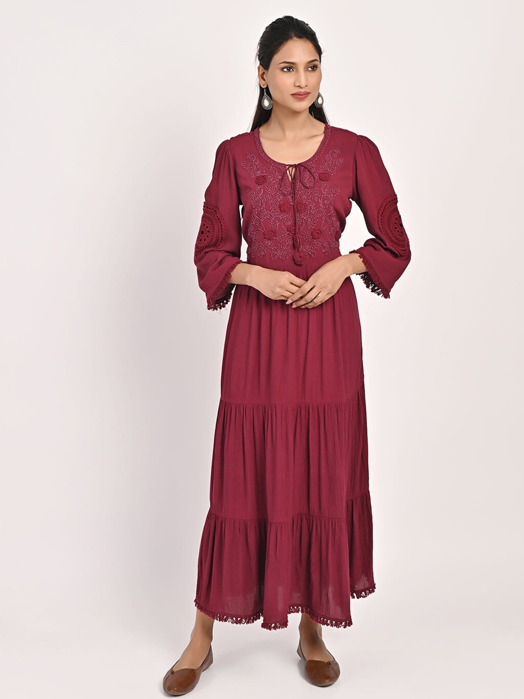 

Lakshita Ethnic Motif Embroidered Tiered Fit & Flare Maxi Dress, Maroon