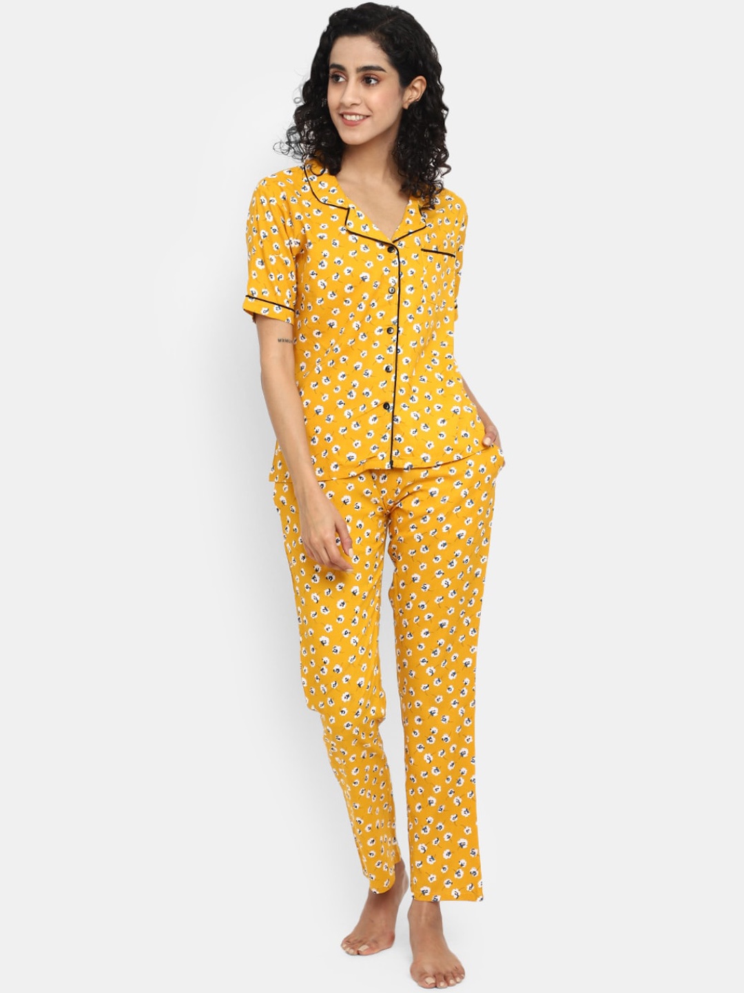 

V-Mart Floral Printed Night Suit, Mustard