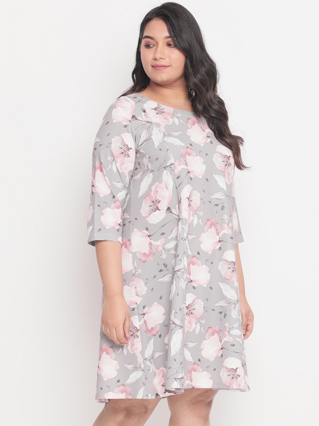 

Amydus Plus Size V-Neck Floral Printed A-Line Dress, Grey