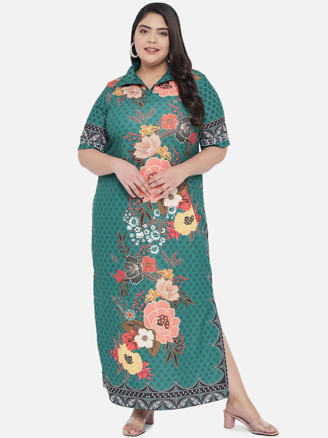 

Amydus Plus Size Shirt Collar Floral Printed Side Slit Maxi Dress, Green