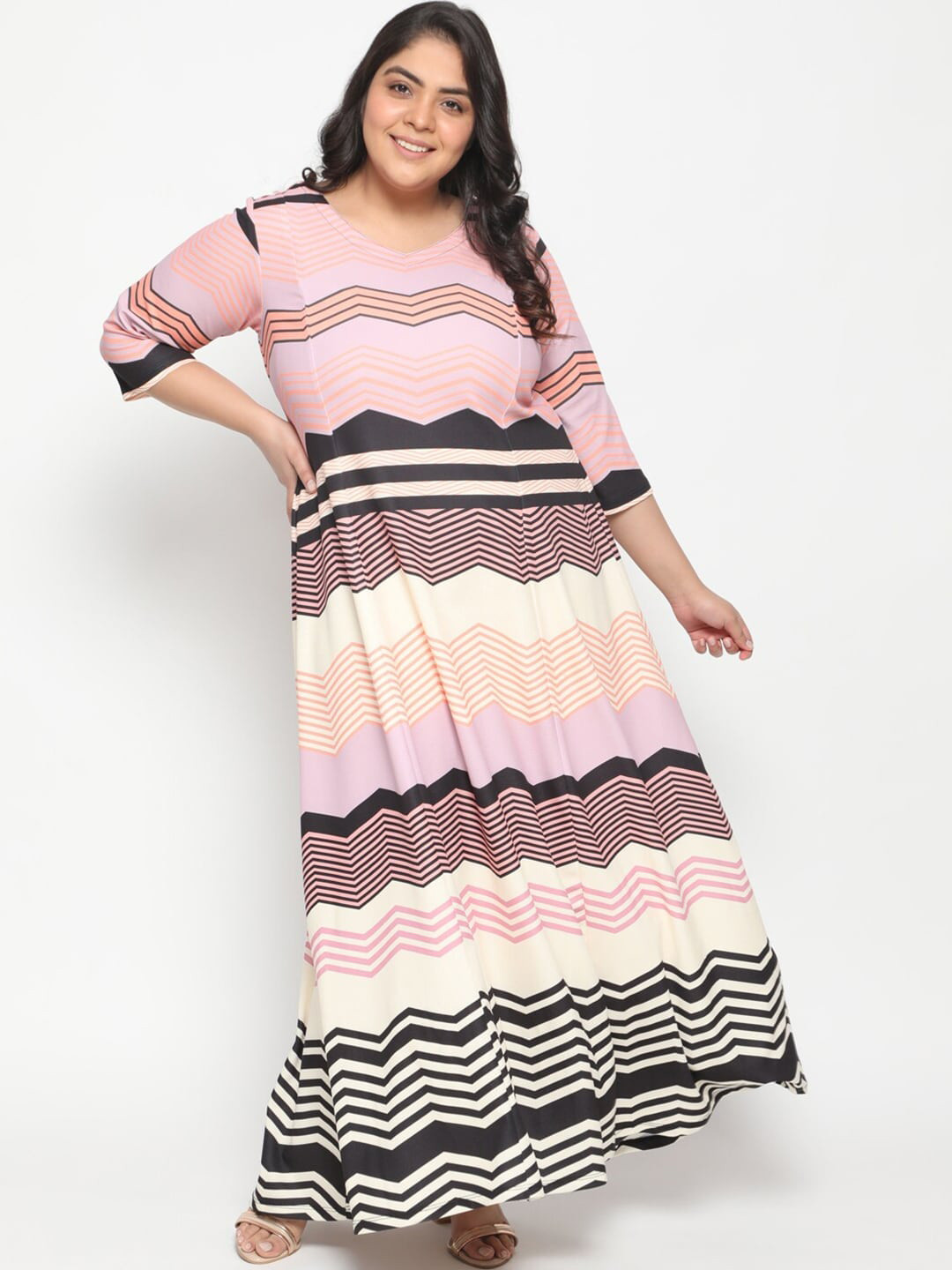 

Amydus Plus Size V-Neck Striped Printed Maxi Dress, Pink