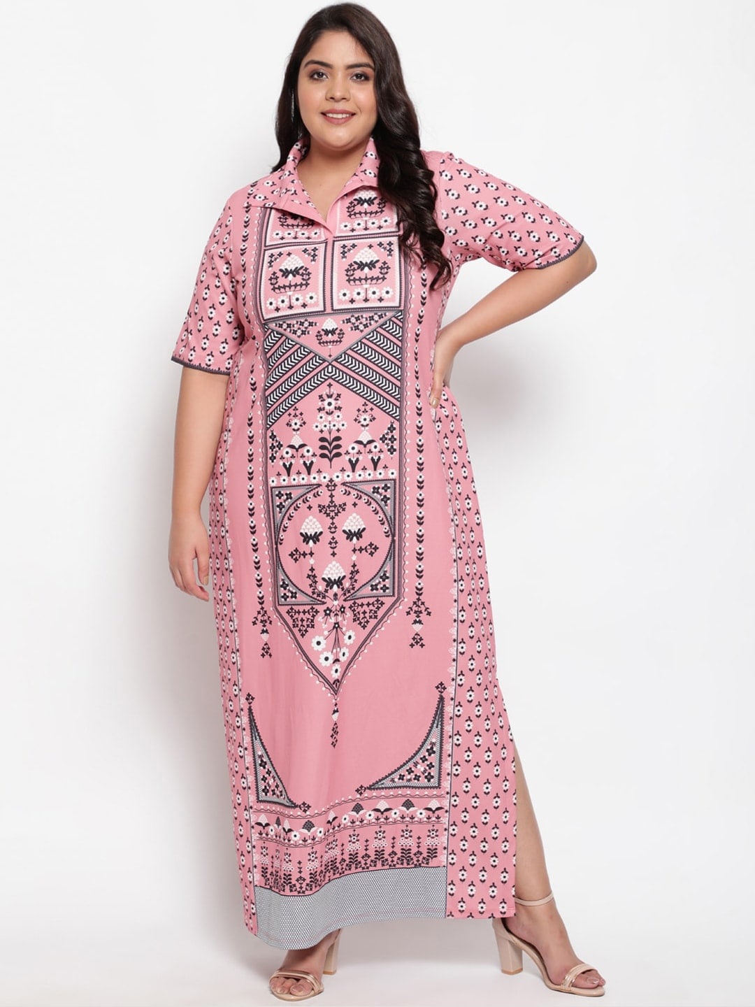 

Amydus Plus Size Shirt Collar Ethnic Printed Maxi Dress, Pink