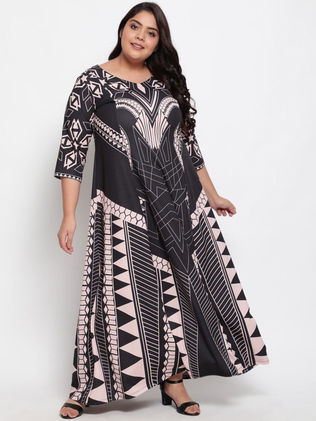 

Amydus Plus Size V-Neck Geometric Printed Maxi Dress, Black