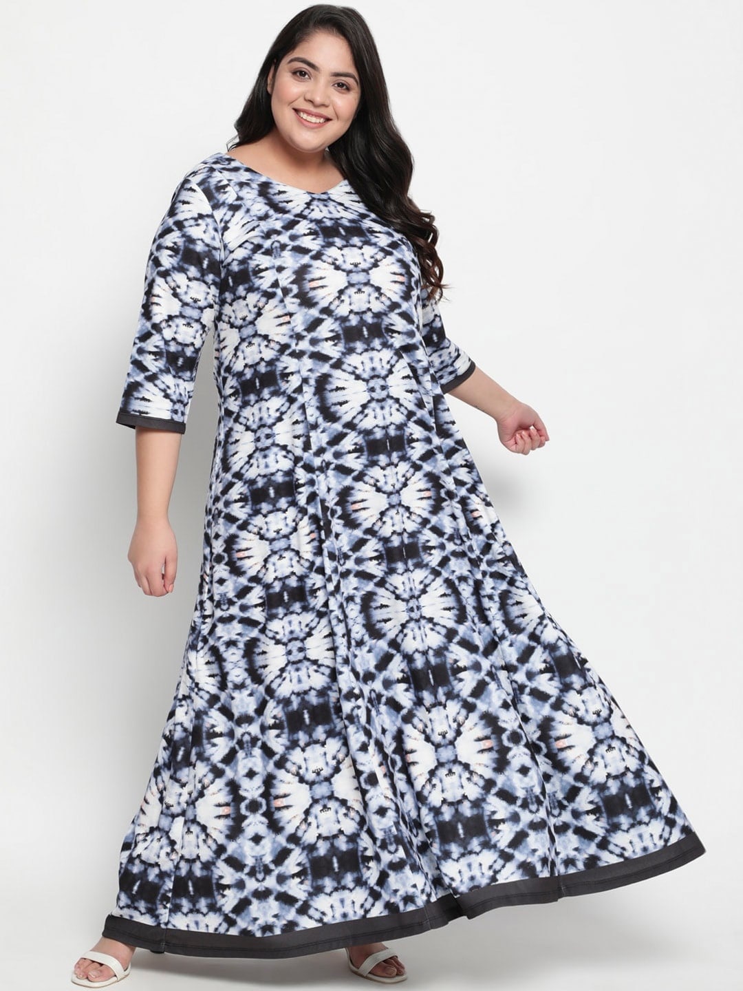 

Amydus Plus Size V-Neck Ethnic Motifs Printed Maxi Dress, Blue