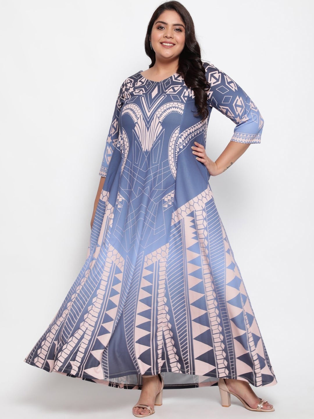 

Amydus Plus Size Geometric Printed A-Line Maxi Dress, Blue
