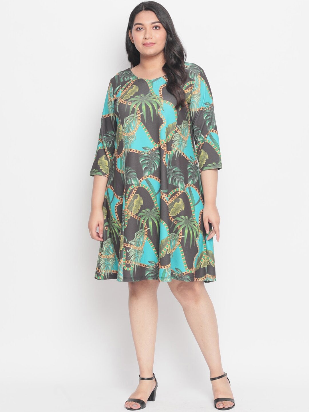 

Amydus Plus Size Round Neck Floral Printed A-Line Dress, Blue