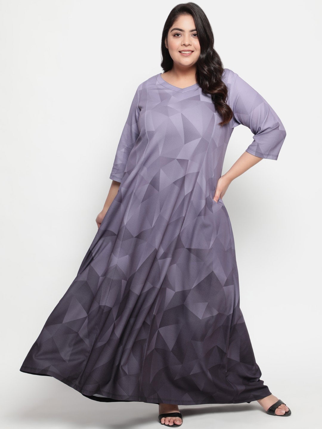 

Amydus Plus Size Geometric Printed A-Line Maxi Dress, Grey