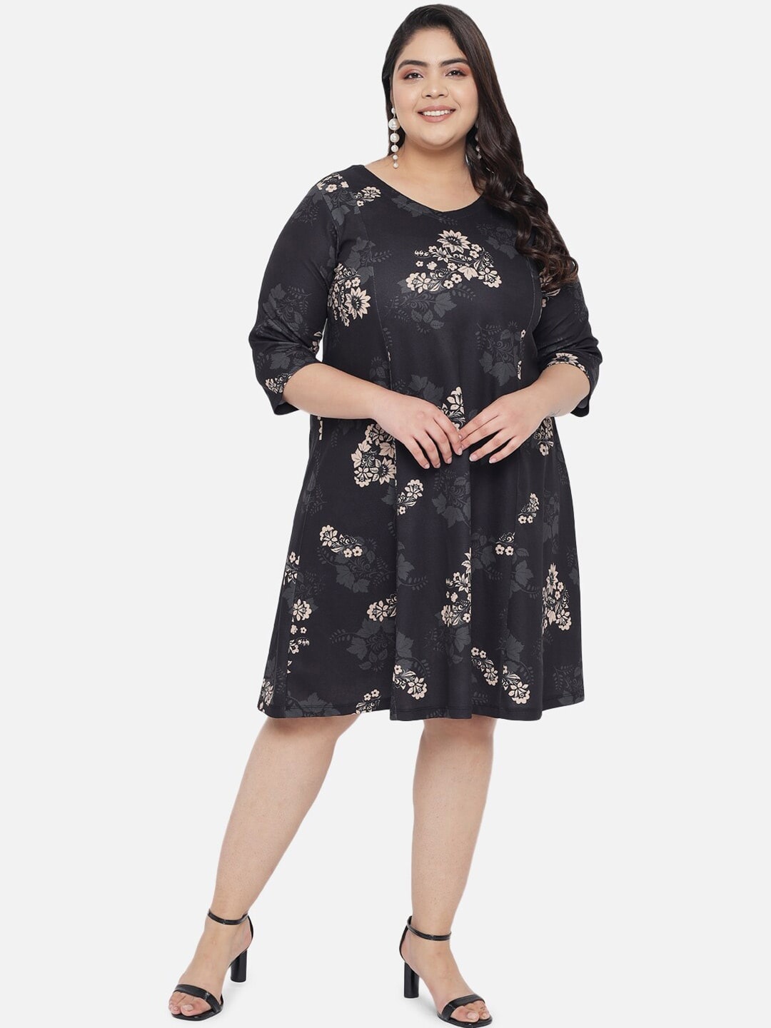 

Amydus Plus Size Floral Print A-Line Dress, Black