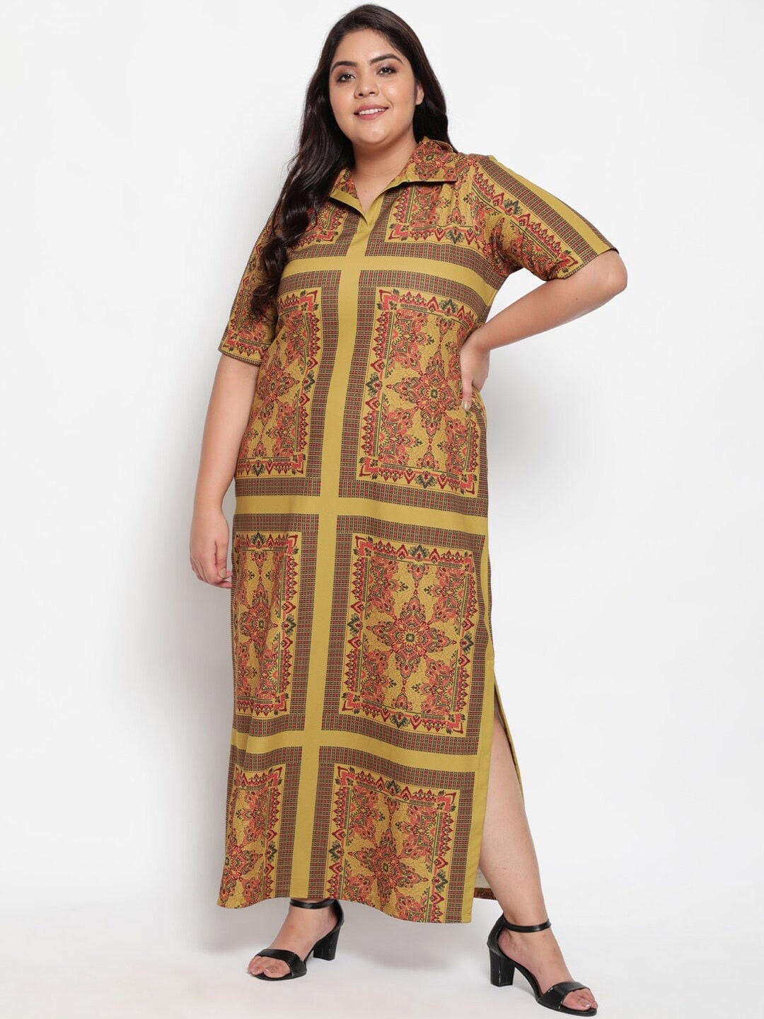 

Amydus Plus Size Floral Printed Shirt Collar Bandana A-Line Maxi Dress, Mustard