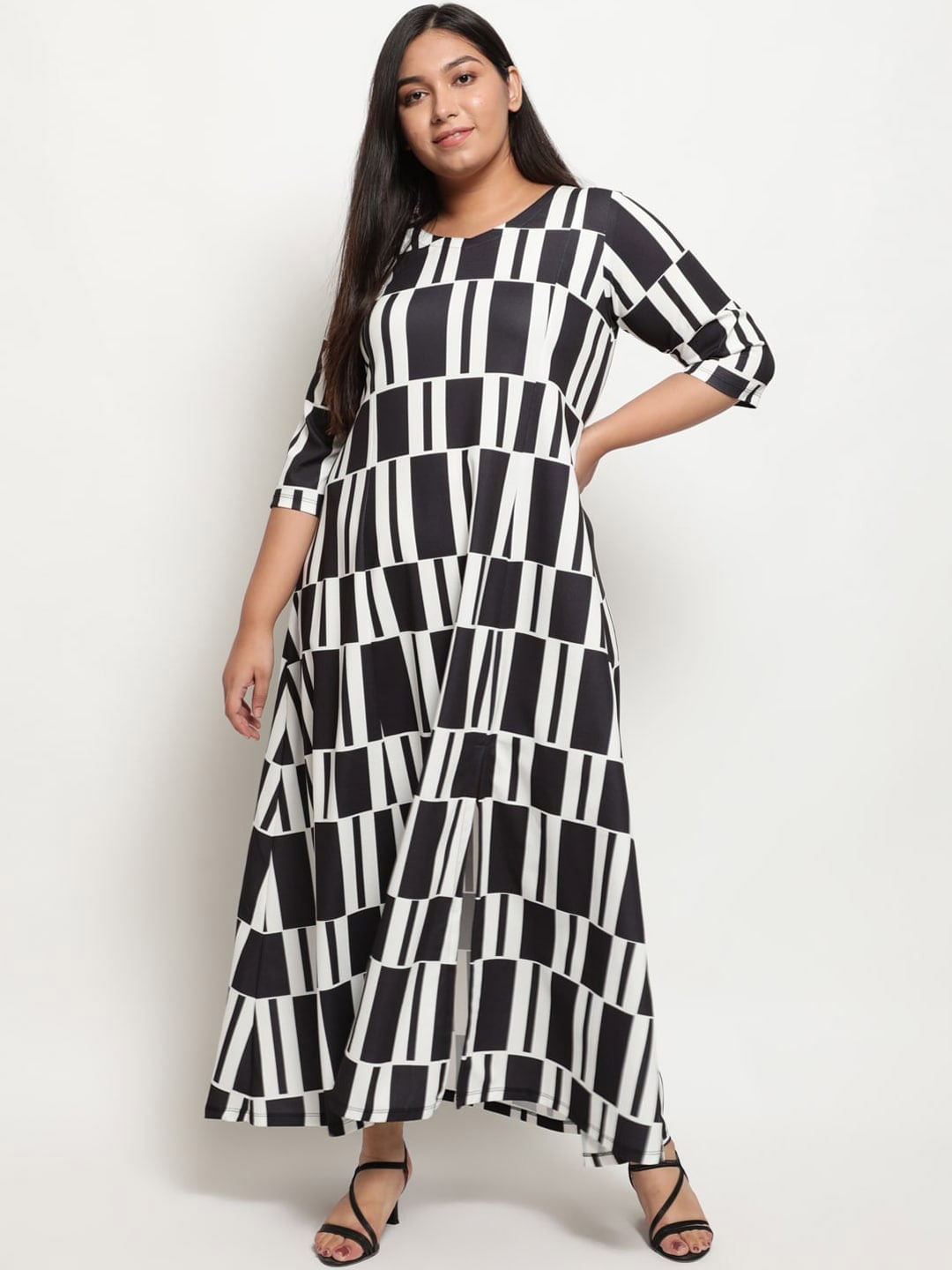 

Amydus Plus Size V-Neck Geometric Printed Front Slit Maxi Dress, Black