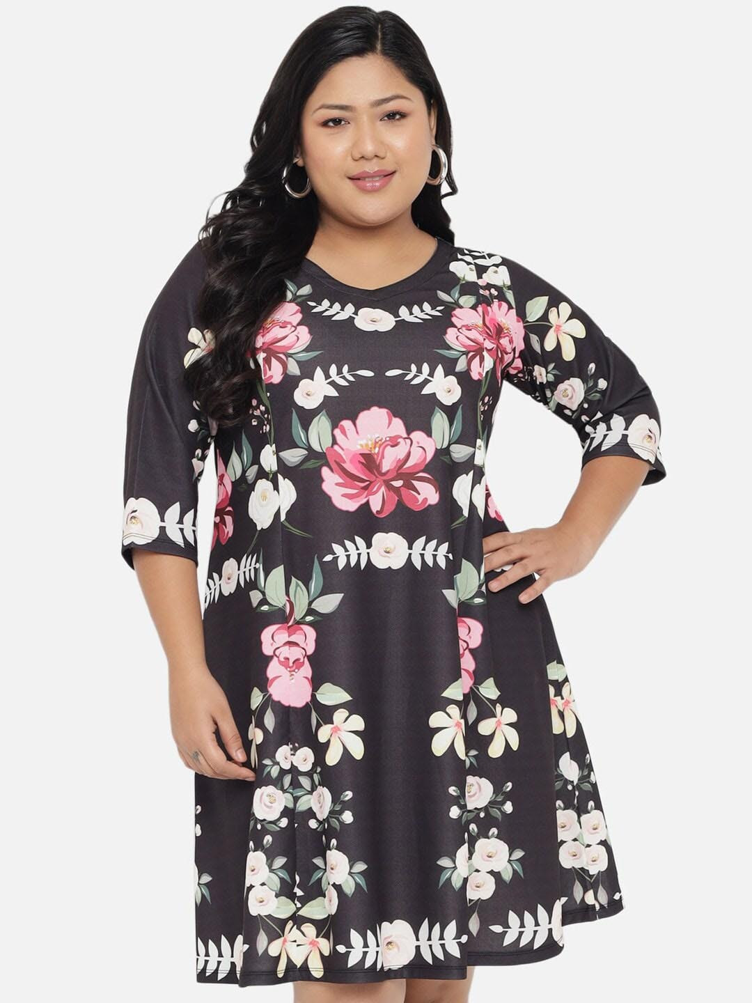 

Amydus Plus Size V-Neck Floral Printed A-Line Dress, Black