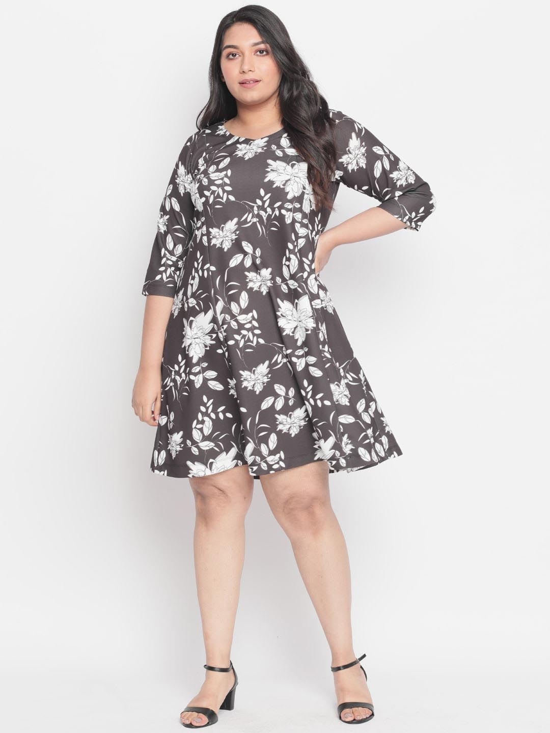 

Amydus Plus Size V- Neck Floral Printed Fit & Flare Dress, Grey