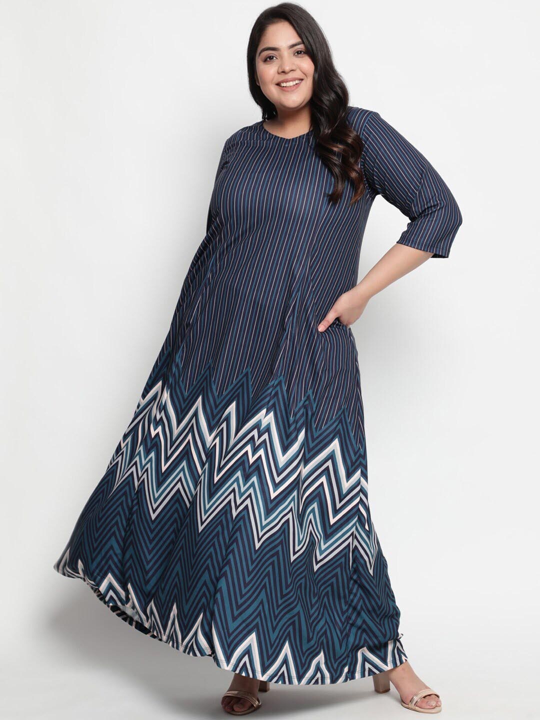 

Amydus Plus Size V-Neck Striped Printed Maxi Dress, Blue