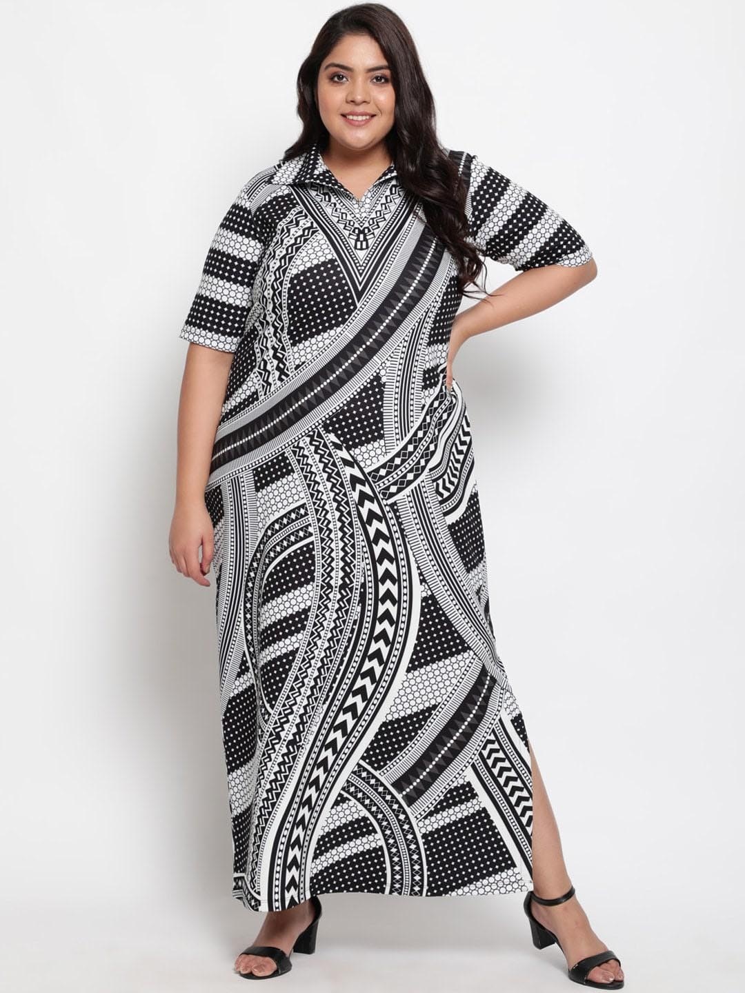 

Amydus Plus Size Geometric Printed Monochrome A-Line Dress, Black