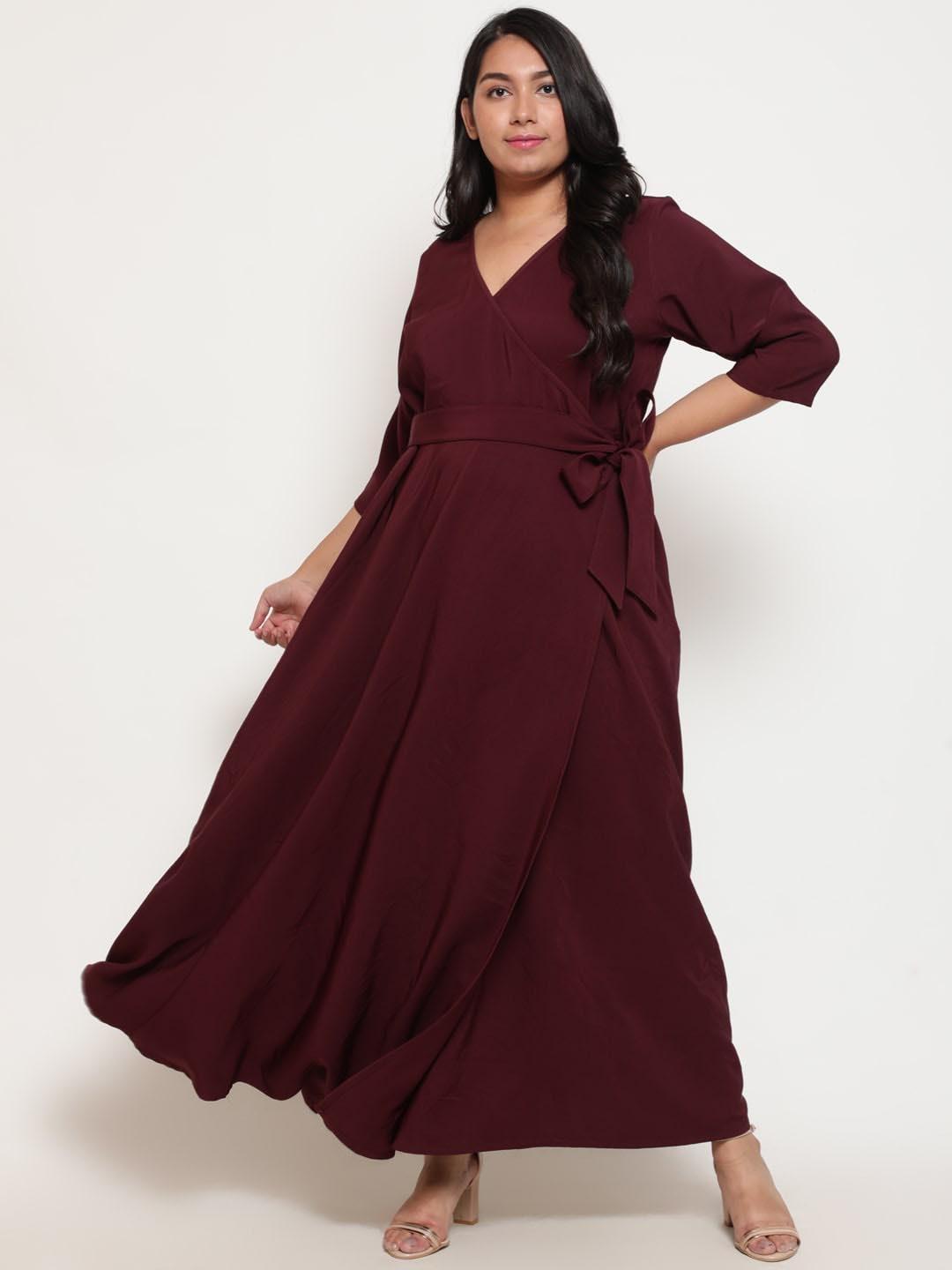 

Amydus Plus Size V-Neck Maxi Cotton Wrap Dress With Belt, Maroon