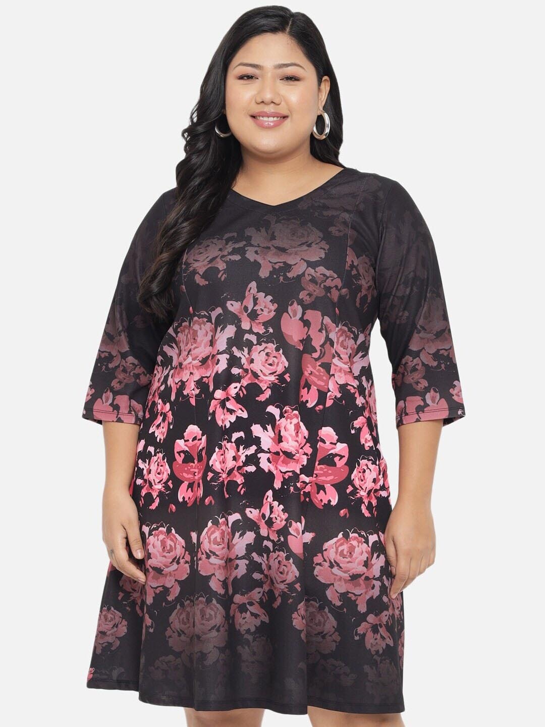 

Amydus Plus Size Floral Print A-Line Dress, Black