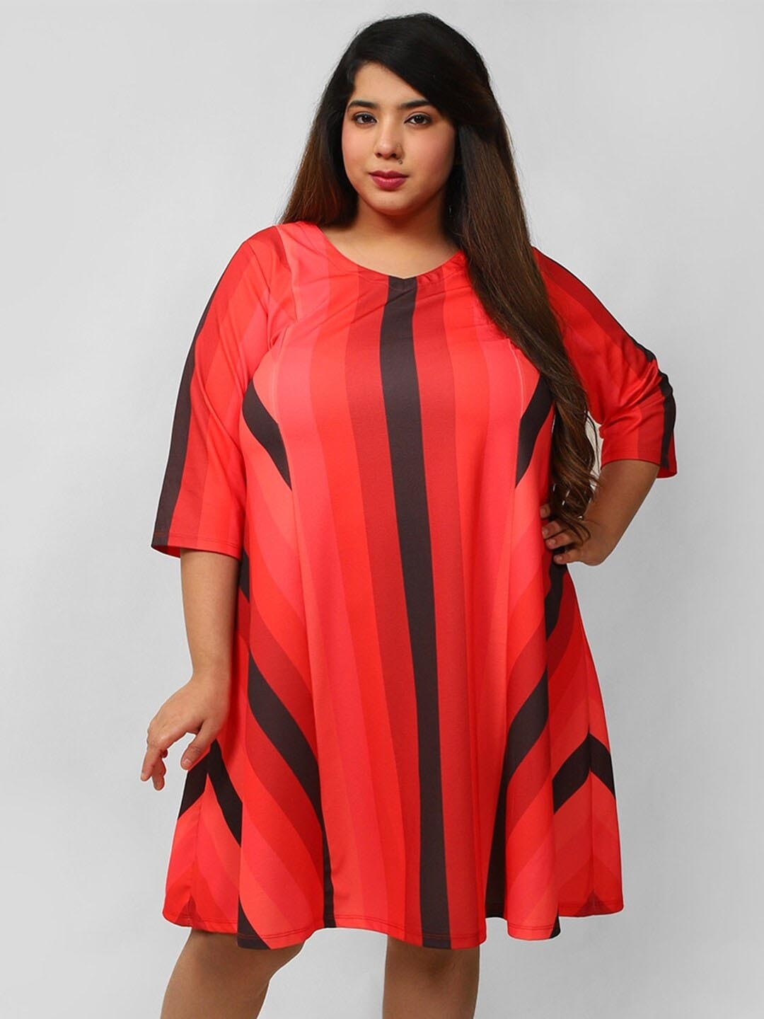 

Amydus Plus Size V-Neck Striped Printed Maxi A-Line Dress, Red