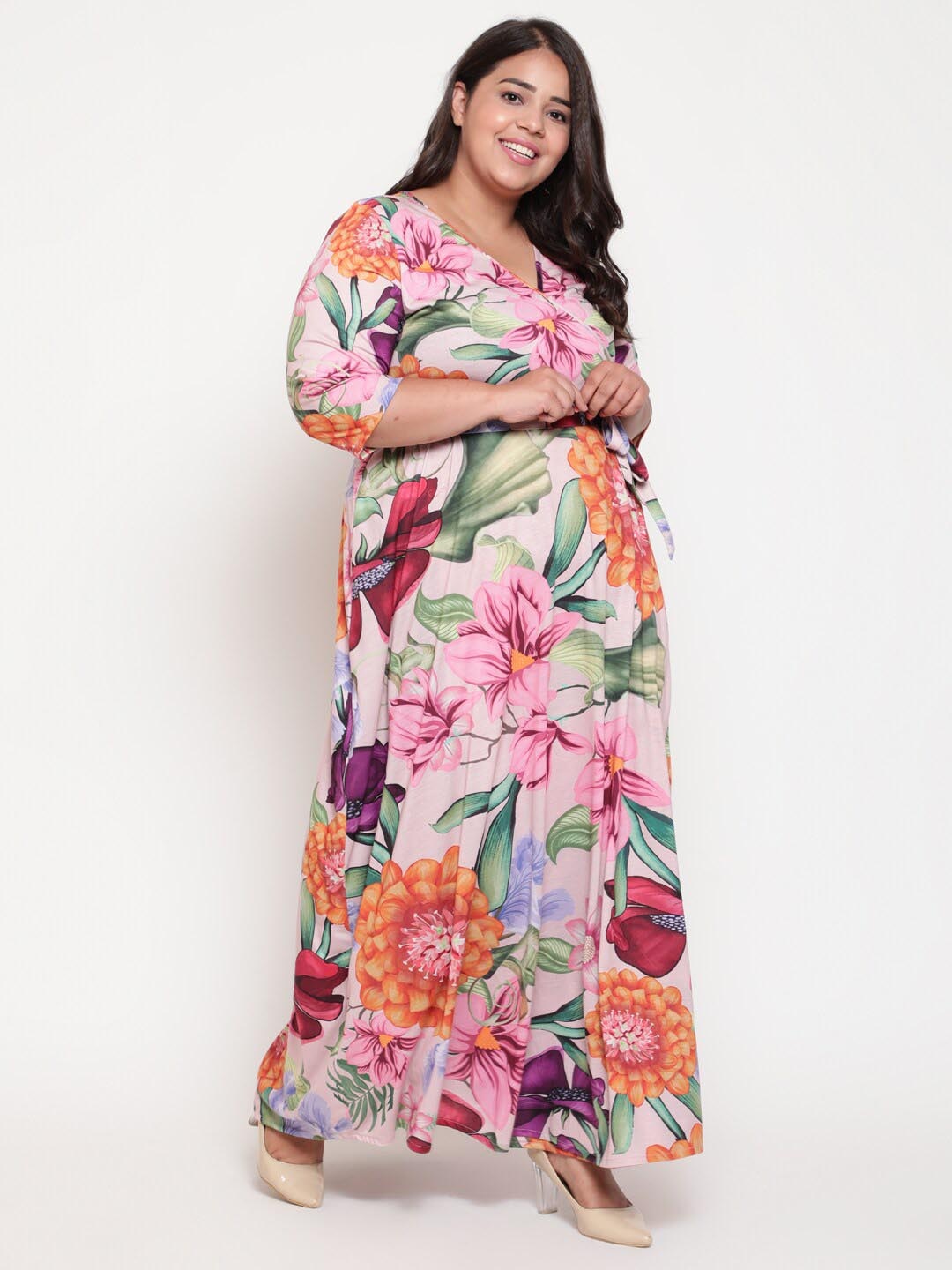 

Amydus Plus Size V-Neck Floral Printed Maxi Wrap Dress, Pink