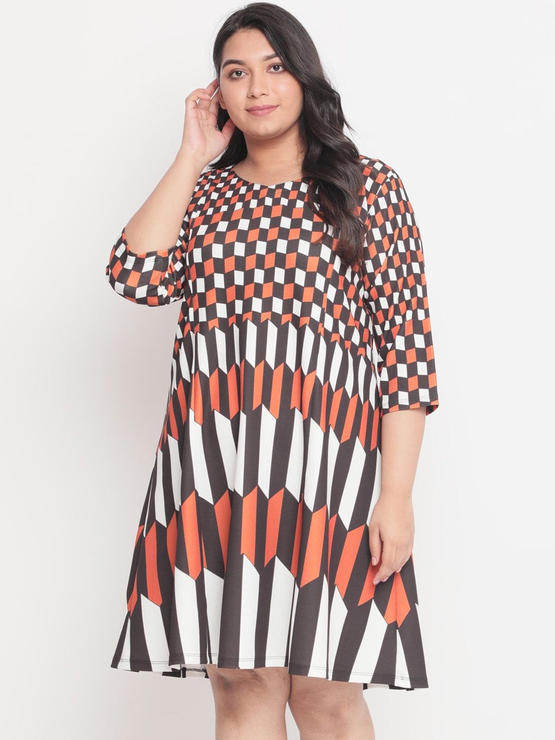 

Amydus Plus Size V-Neck Geometric Printed A-Line Dress, Orange
