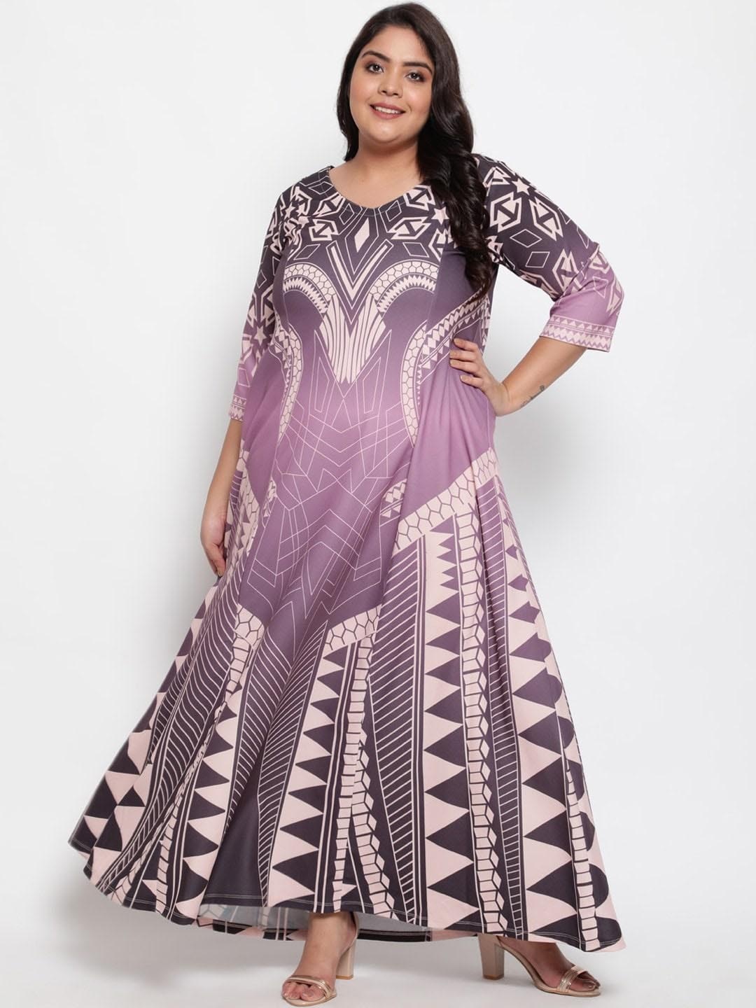 

Amydus Plus Size V-Neck Geometric Printed Maxi Dress, Purple