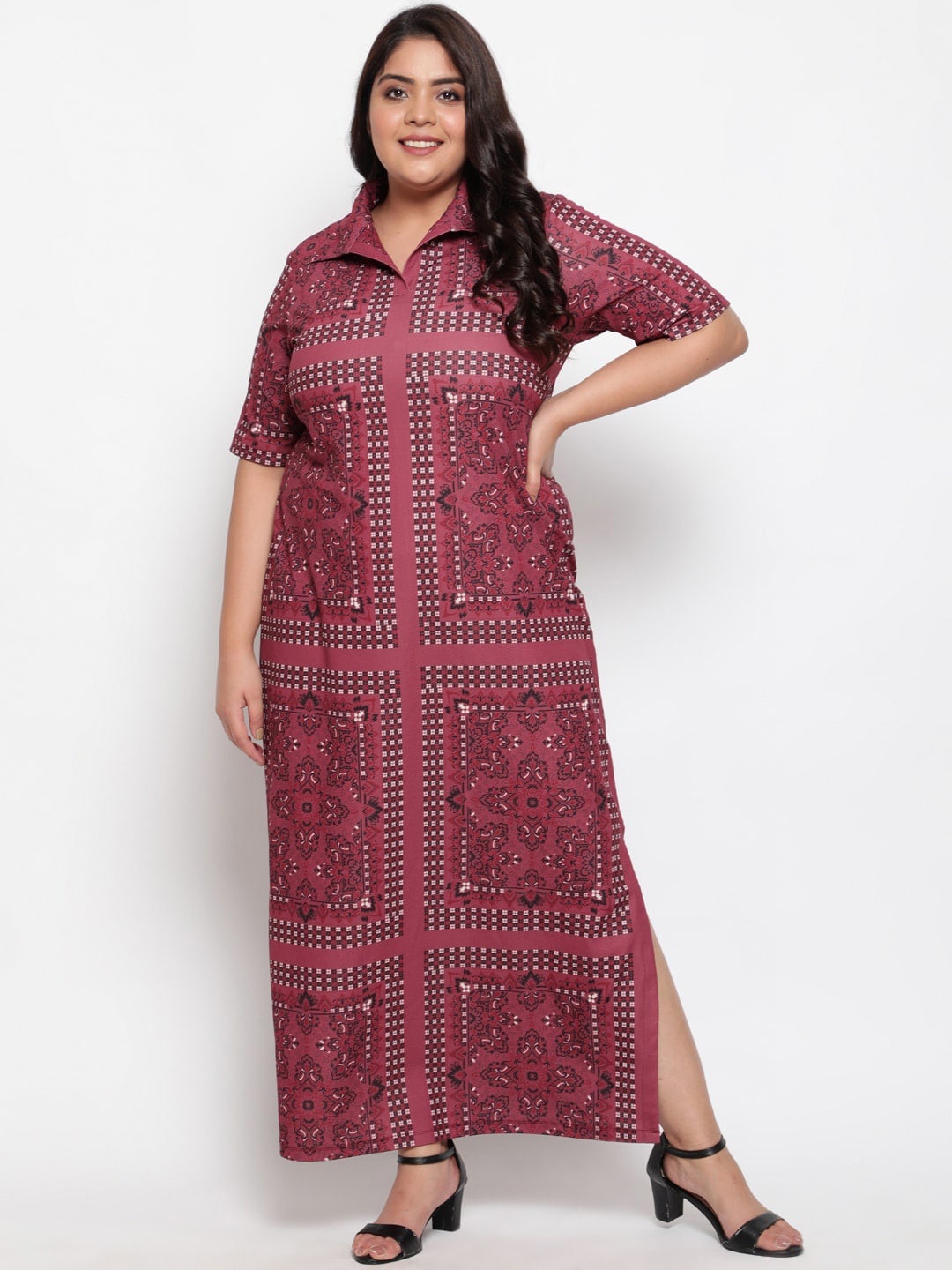 

Amydus Plus Size Floral Printed Shirt Collar Bandana A-Line Maxi Dress, Mauve