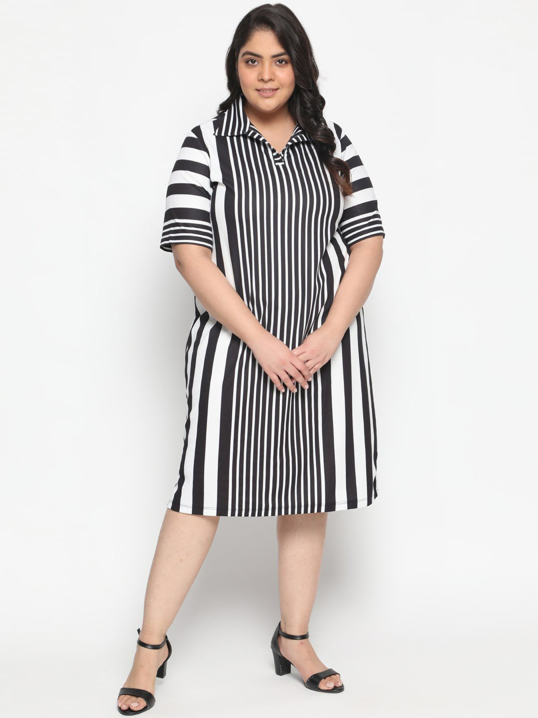 

Amydus Plus Size Spread Collar Striped A-Line Dress, Black