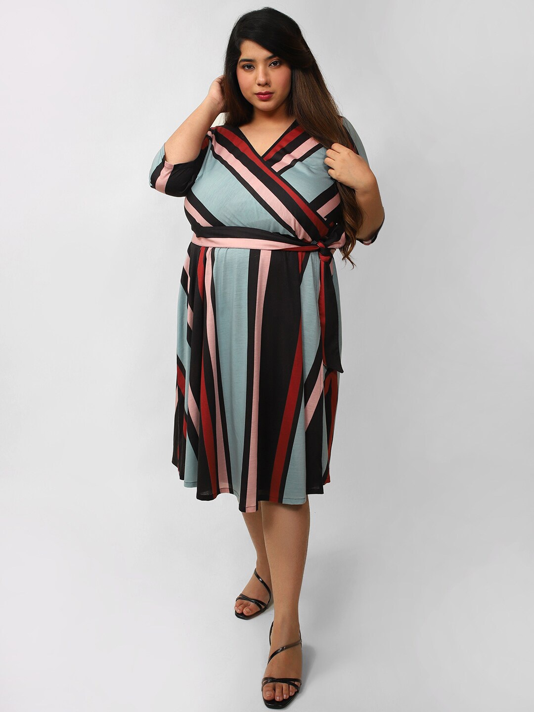 

Amydus Plus Size Striped Wrap Dress With Belt, Sea green