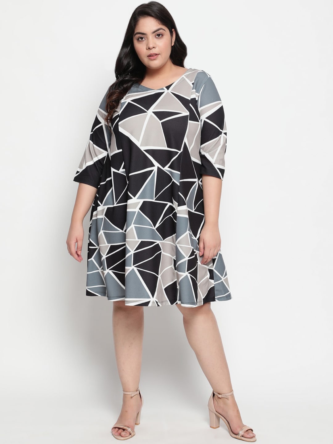 

Amydus Plus Size V-Neck Geometric Printed Fit & Flare Dress, Grey