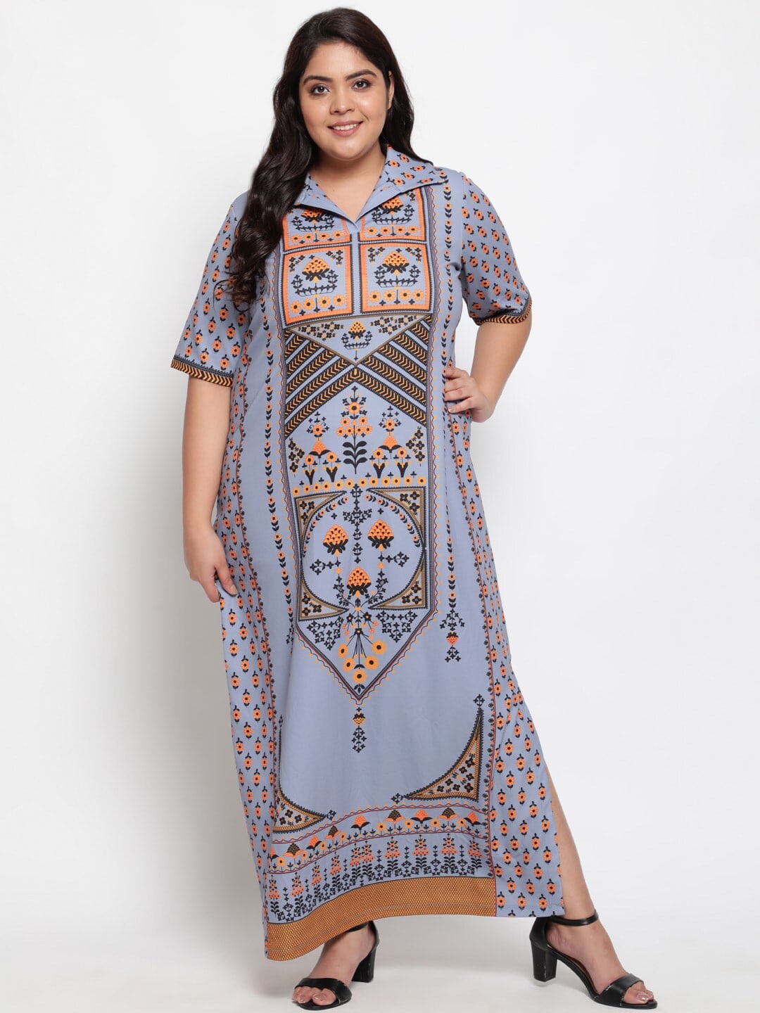 

Amydus Plus Size Floral Printed Shirt Collar A-Line Maxi Dress, Grey