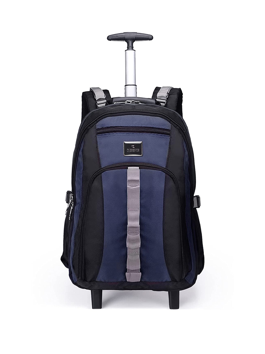 

THE CLOWNFISH Colourblocked Water Resistant Hip Strap & Earphone Gate Two Wheel Backpack, Navy blue