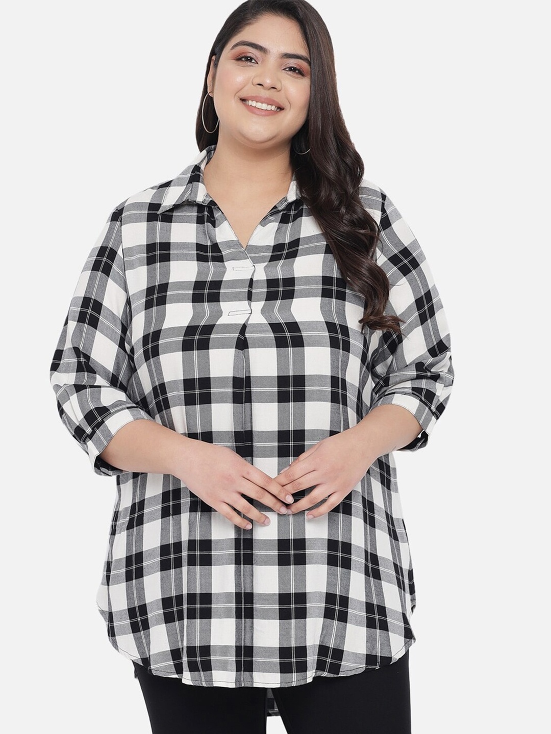 

Amydus Plus Size Checks Shirt Style Longline Top, Black